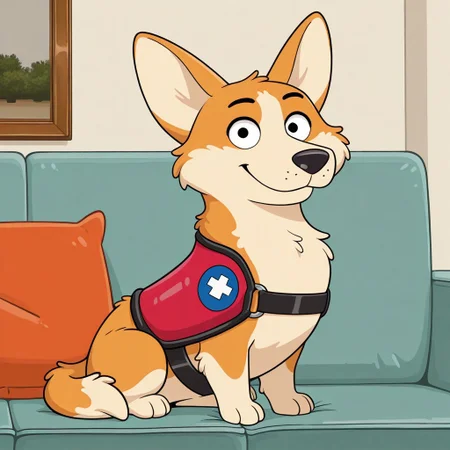 Elsa(HB), Solo, 1girl, feral, dog, Welsh Corgi, orange and white fur, black eyes, black nose, dog tail, red service dog vest, full body, looking at viewer, smile, sitting on couch, living room background,
