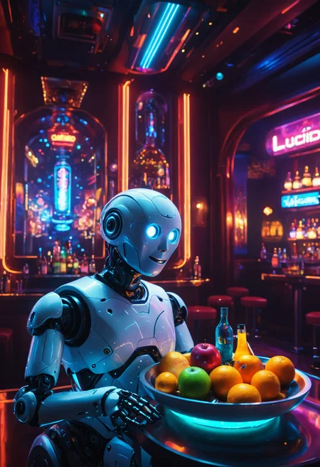 Psychedelic style ((( AI Lucid Dream Guide: A robot that interacts with users during lucid dreams to guide their experiences. ,12. Upscale Nightclub with VIP Bottle Service, )))
 (((with exaggerated expressions))) Sporting Neon Tube Lighting: This fruit glows like a sign from a retro diner, brightening up your fruit bowl with its electric personality., Cinematic Storytelling Frames: Compose shots as if they were stills from a movie scene; use dramatic lighting, unique angles, and compelling subjects to evoke narrative depth in your photography..(dynamic:1.1),sun rays, 
(Vivid, HDR, Canon50, 8K, Hyper Realistic, Dramatic, Epic, Dynamic Contrast, Cinematic Lighting, increased brightness)(((Zoomed Out, Far away Shot))) = =. Epic dynamic lighting , vibrant,highly detailed,psychedelic,((Psychedelic, rainbow glow ))
((Vivid, Epic, Dynamic contrast)) (((Zoomed out, Far away shot, In frame)), (((Cinematic, Studio lighting, Contrast)))
<lora:juggernautXL_version6Rundiffusion:0.8><lora:rundiffusionXL_beta:0.8><lora:epicrealismXL_v5Ultimate:0.8><lora:crystalClearXL_ccxl:1><lora:extremely_detailed:0.8> extremely detailed
 <lora:hyperkraximalism:0.3> hyperkraximalism
<lora:QuadpipeQp_sdxlV2:0.4> 
<lora:xl_more_art-full_v1:0.1>
<lora:RMSDXL_Darkness_Cinema:0.4>
<lora:glowneon_xl_v1:0.8> glowneon, glowing, sparks, lightning, - Generate images with sharp edges and fine details.
- Produce high-resolution images with no blurriness or distortions.
- Create images with clear and well-defined subjects.
- Ensure that the output images have crisp lines and distinct features.
- Generate images with vibrant colors and accurate tones.
- Avoid noise or artifacts in the generated images.
- Focus on producing clear textures and patterns in the images.
- Emphasize clarity and definition in all aspects of the generated images.
- Prioritize the sharpness and clarity of the main subjects in the images.
- Optimize the AI model to produce clear and visually appealing images., Wlop, By art germ . Vibrant colors, swirling patterns, abstract forms, surreal, trippy