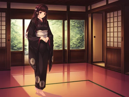 <lora:Oyako_Rankan_Illustrious:0.8>,1girl,solo,bkimono outfit,min-naraken,ririko,indoors,full body,barefoot,day,medium breasts,standing,black kimono,, masterpiece,best quality,amazing quality,
