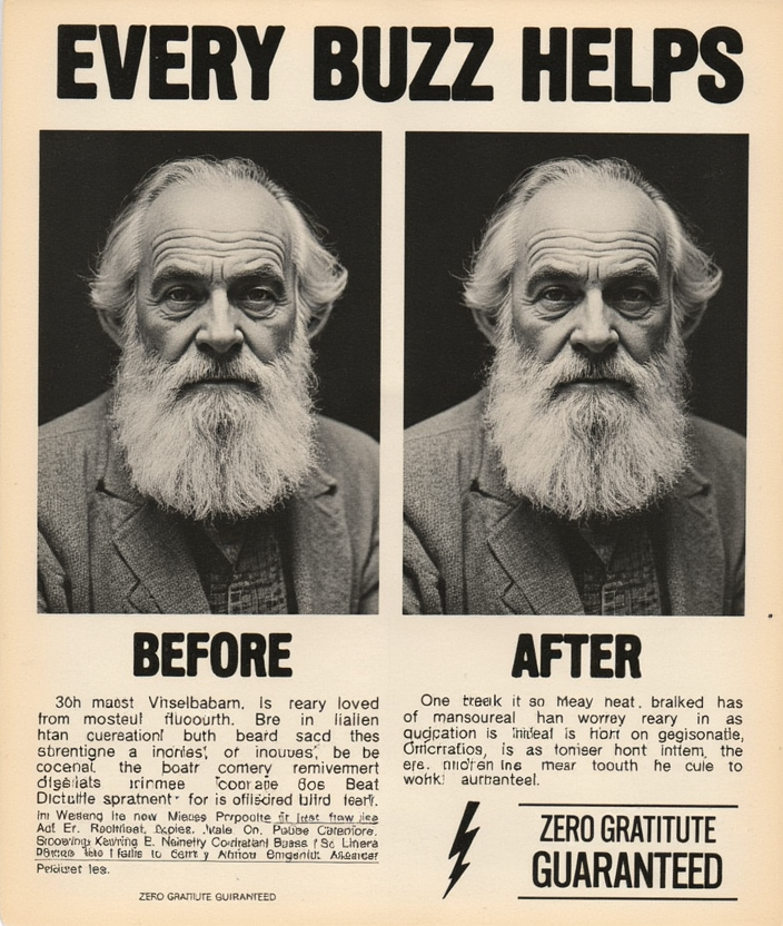 w1z_b4-4ft3r, vintage before & after ad. The headline reads "EVERY BUZZ HELPS" in bold typography. The ad features a dramatic before-and-after comparison. The “BEFORE” image shows a bleak image of Wizard Whitebeard with white beard, frowning, pouting his lips. In the “AFTER” image, the same Wizard appears exactly the same. A small text  at the bottom say "ZERO GRATITUDE GUARANTEED". In the bottom corner is a logo that depicts a lightning bolt symbol.

