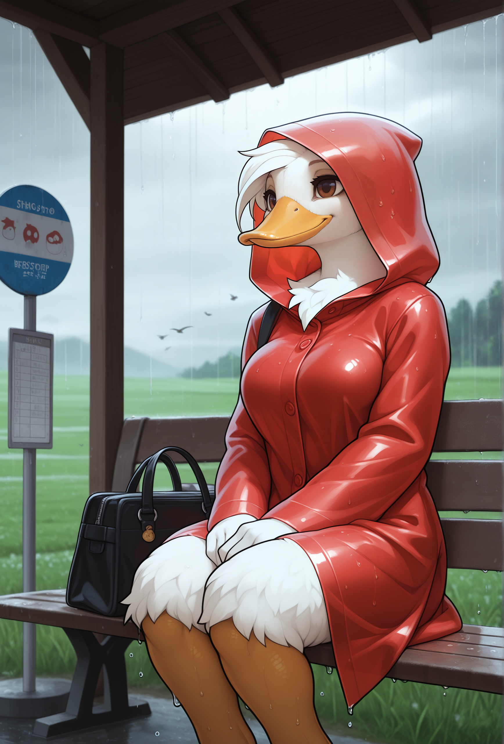 masterpiece,best quality,amazing quality, fluffy, feathers, <lora:adjot_style_illustrious_v1f:1> adjstyle, furry, 1girl, duck, solo, beak, smile, brown eyes, BREAK
breasts, red raincoat, hood up, rain, overcast, wet, low lighting, dim lighting, dark, bus stop, bench, sitting, field, wind, depth of field, bird legs, handbag