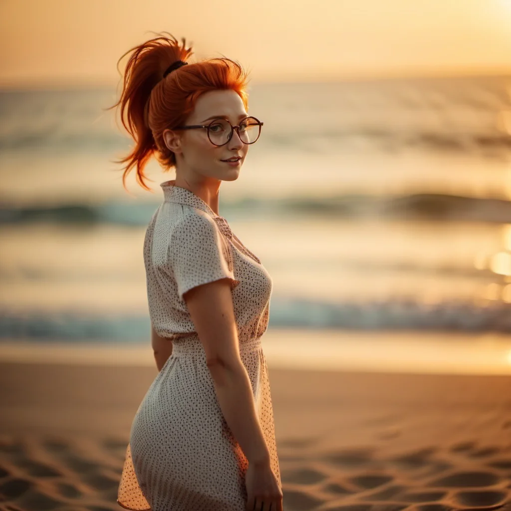cinematic photo full body portrait 1girl, solo, round glasses, freckles, redhead, ponytail, big hair, summer dress, breast, on the beach, sunset <lora:MlleJeanne1024-step00000800:0.8> . 35mm photograph, film, bokeh, professional, 4k, highly detailed