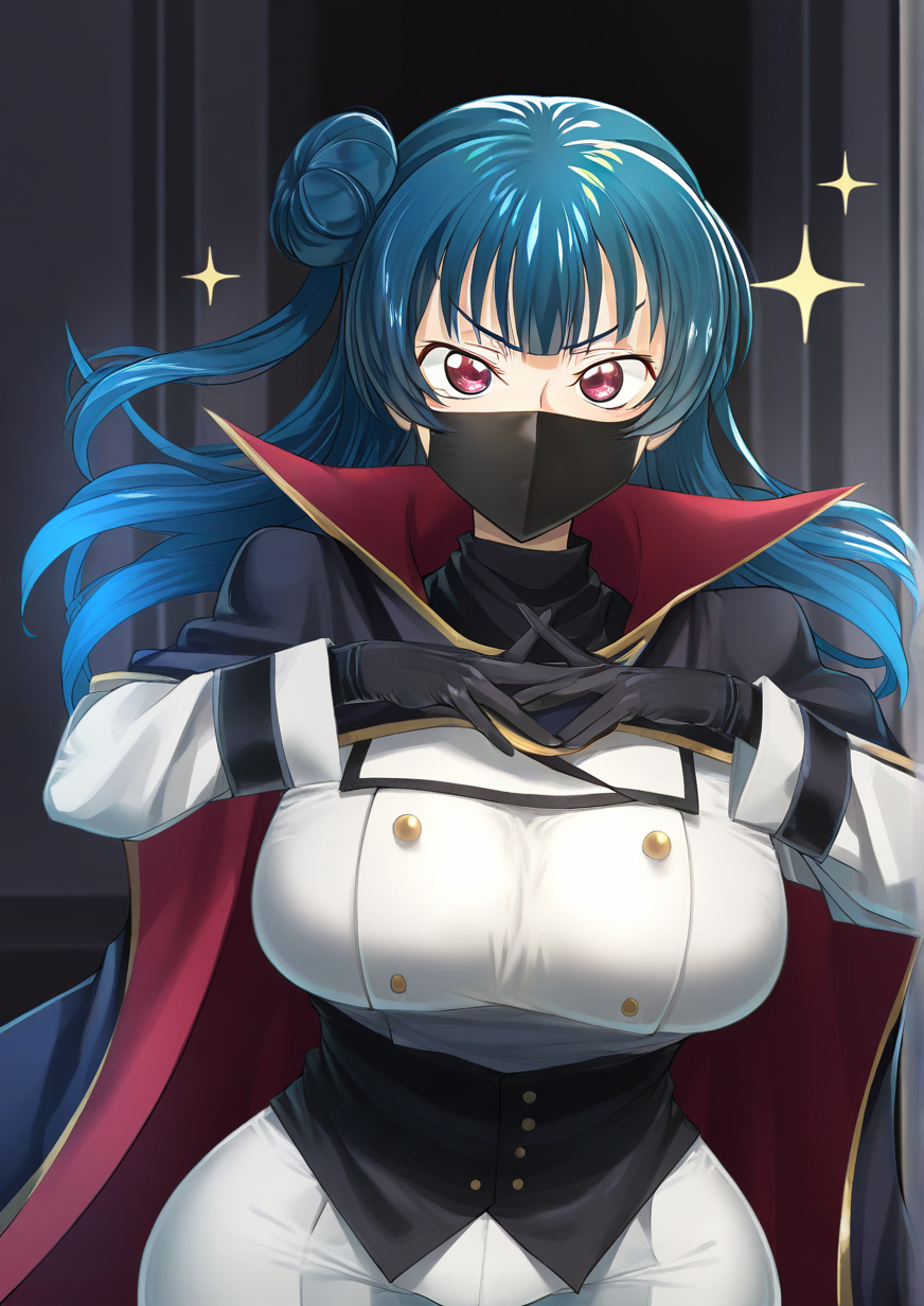 <lora:Walking_Nakta:1>,1girl, tsushima yoshiko, zero \(code geass\), detailed background, huge breasts, wide hips, black gloves, black mask, blue hair, cape, company connection, cosplay, covered mouth, gloves, hair bun, long hair, long sleeves, mask, mouth mask, ninja mask, red eyes, sidelocks, single hair bun, single side bun, solo, sparkle, upper body, zero \(code geass\) \(cosplay\), 
very awa, masterpiece, best quality, highres, absurdes,amazing quality,