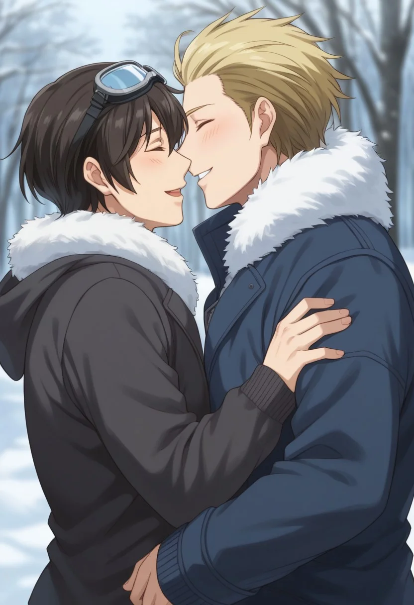 score_9, score_8_up, score_7_up, source_anime, rating_safe hug, breath, AlexDG, blonde_Alex_hair slicked back, blue_Alex_eyes, goggles, NatsuoDG, black_Natsuo_male hair, [[fur trim]], gay couple focus, 1boy, 1androgynous, closed eyes, winter clothes, best friends, wide smile, open mouth, blurry outdoor, snow, sweet-cute wallpaper, happy-cheery, from side, slight from below,