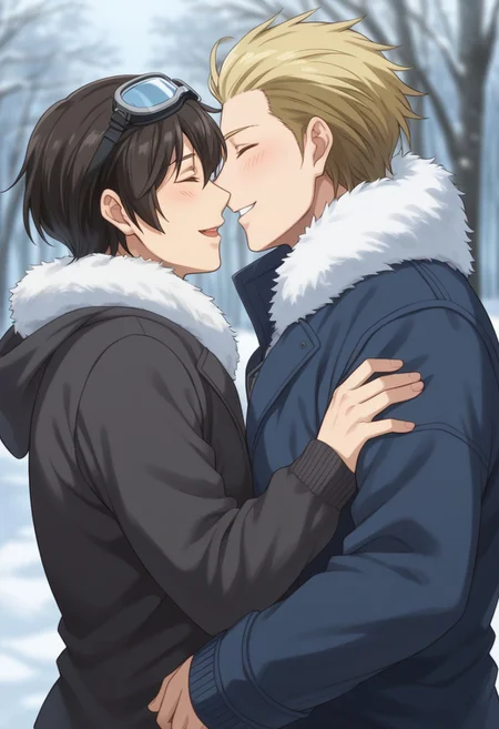 score_9, score_8_up, score_7_up, source_anime, rating_safe hug, breath, AlexDG, blonde_Alex_hair slicked back, blue_Alex_eyes, goggles, NatsuoDG, black_Natsuo_male hair, [[fur trim]], gay couple focus, 1boy, 1androgynous, closed eyes, winter clothes, best friends, wide smile, open mouth, blurry outdoor, snow, sweet-cute wallpaper, happy-cheery, from side, slight from below,