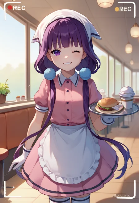 score_9, score_8_up, score_7_up, source anime , 1girl, camera frame, <lora:Camera frame-000016:1> <lora:MaikaPXL1-000011:1> Maika, purple hair, purple eyes, low twintails, head scarf, pink dress, white apron, white gloves, white thighhighs, holding tray, cafe, one eye closed, smile,