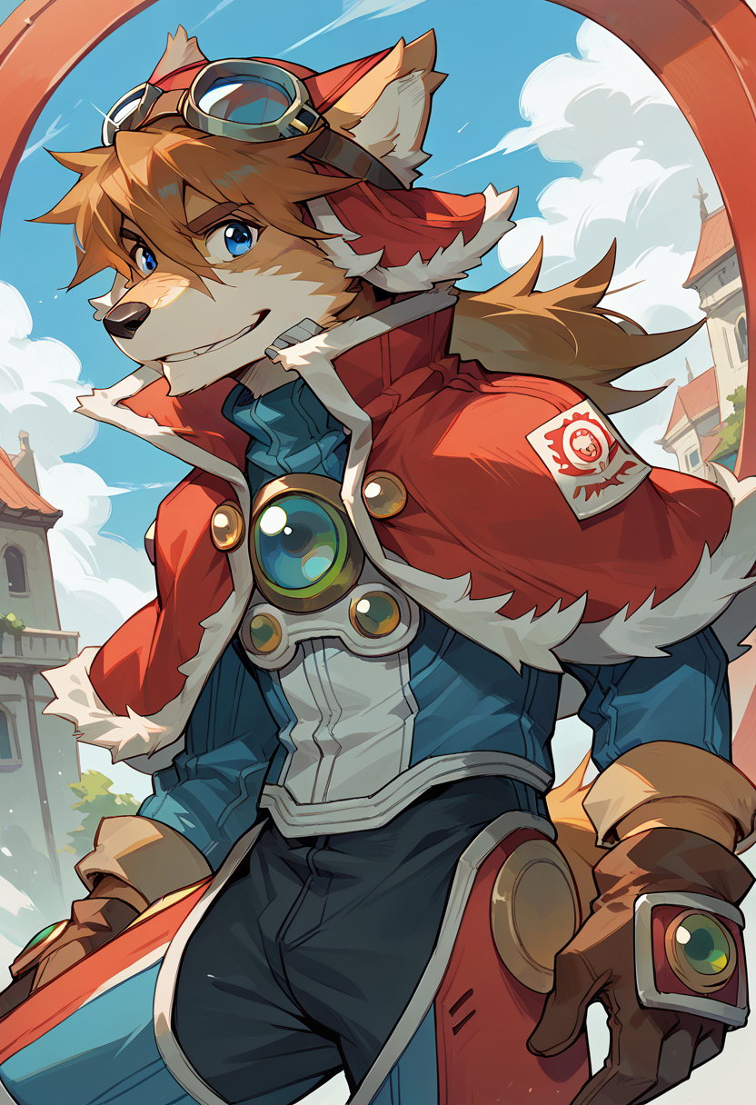 score_9, score_8_up, score_7_up, high res, best quality, red_savarin_solatorobo, furry, goggles, solo, 1boy, blue eyes, brown hair, gloves, capelet, <lora:Red_Savarin_Solatorobo:1>