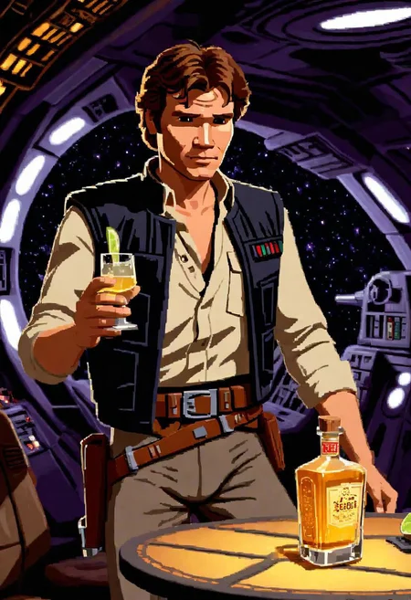 lucasarts style, a drunk Han solo is holding a glowing bottle of tequila in a millennium falcon <lora:lucasarts style:1>
