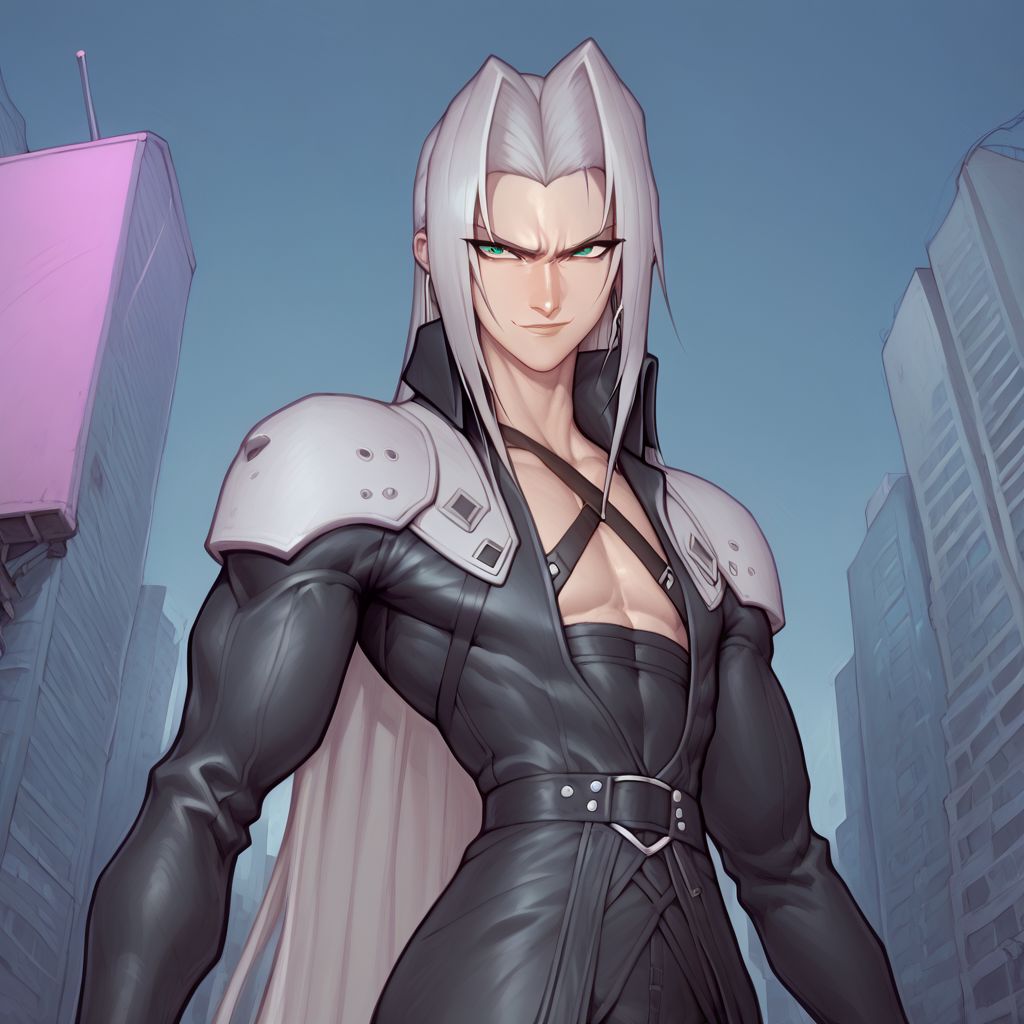 score_9, score_8_up, score_7_up, flightless detailed closeup action shot, from front, Sephiroth leaping through the air swinging very long sword in a wide overhead arc, smug expression, dynamic pose, exaggerated perspective emphasizing action, in an industrial city at night, dim street lighting, solo, beautiful, androgynous, flat chest, leather straps, broad shouldered, leather coat, high contrast, industrial cityscape background,