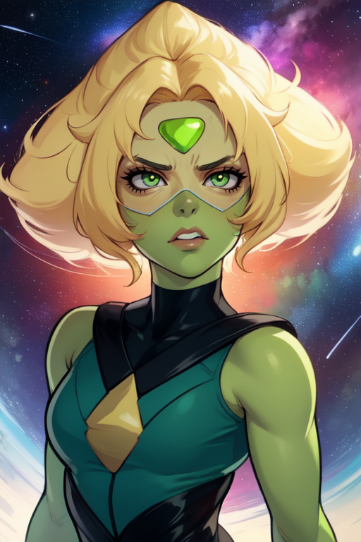 Peridot,green skin,forehead jewel, green eyes,blonde hair,
leotard, head shades. 
serious,  
 solo, upper body,    cowboy shot,  standing, 
stars, space,  milky way,
 (insanely detailed, beautiful detailed face,masterpiece, best quality)  <lora:Peridot:0.8>