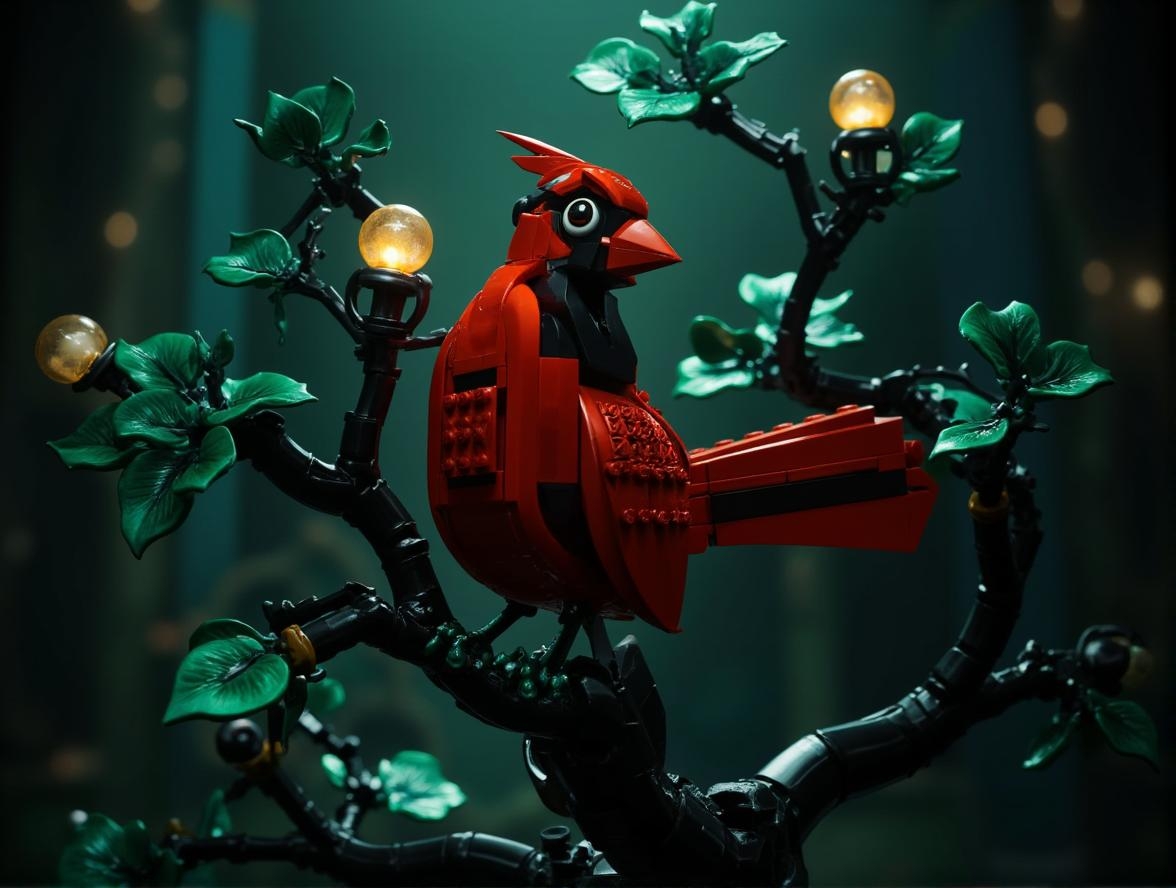 <lora:11FFD5A449D6E4CB9C9CBB11653521C5792F3505EF6B71F1B8A31B82F3C4CD4C.safetensors:1> lego scenery
In the hushed, shadow-draped chamber of the Midnight Pavilion, a cardinal bird sculpture stands as a testament to the divine artistry that Liang Wei so cherished. Crafted from the finest resin, this ornate piece is a visual feast, its glossy crimson plumage seeming to catch the light of a hidden, ethereal glow. The bird is perched on a sleek, black tree branch, its form accentuated by delicately detailed green leaves that add a vibrant contrast to the regal red.
The cardinal’s posture is one of serene grace, its head held high as if in silent prayer or contemplation. The black accents of its beak and wings are meticulously detailed, with engraved patterns that suggest the intricate embroidery of a nobleman’s robe. The resin has been skillfully shaped to capture every feather, each one a testament to the artist’s mastery of form and texture.
A soft, luminous light bathes the sculpture, casting gentle shadows that add depth and dimension. The background is a cool, atmospheric blend of deep greens and blues, evoking a sense of mystery and enchantment. The polished metals and glowing orbs within the leaves catch the light, shimmering with a subtle, otherworldly radiance. This cardinal sculpture is more than just a decoration; it is a ceremonial masterpiece, a blend of nature’s beauty and the refined elegance of a bygone era.