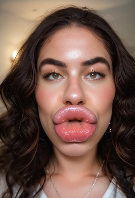 source_photo, RAW, real life photo, photo, photorealistic, quality, detailed, realistic skin, depth of field, film grain, grainy, skin texture, white balance, volumetric lighting style, 
adult, woman, adult, solo, babe, gorgeous, brunette, hazel eyes, curly hair, thick dark eyebrows, high cheekbones, earrings, necklace, 
(huge lips:1.5), enormous lips, plump lips, big lips, (hard pouted lips), lips, full lips, full lips, fake lips, realistic lip texture, closed mouth, 
Long hair, dark brows, shirt, 
(feminine chin, round smooth chin), 
(Colored background), (side view), standing