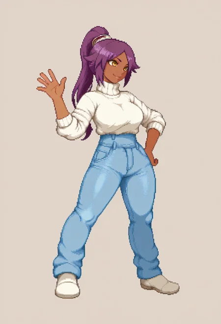 masterpiece, best quality, 1girl, solo, Y0ru1chi, dark-skinned female, yellow eyes, purple hair, long hair, high ponytail, hair tie, turtleneck, sweater, high-waist pants, jeans, hand on hip, waving at viewer, smile, pixel art, simple background, full body, <lora:ChamYoruichiNoob:1>, <lora:Yoshihiko-illus_Fp:1>