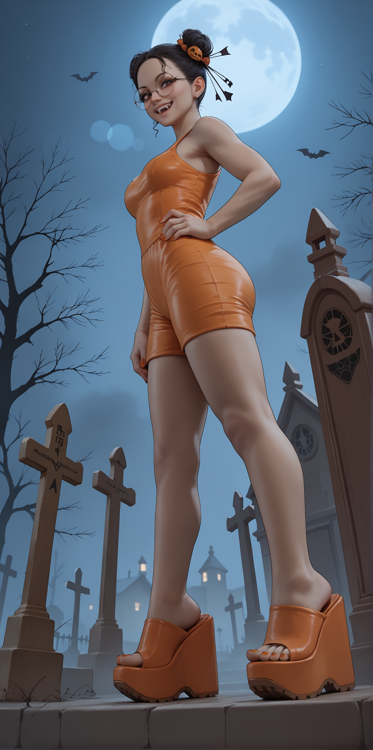 score_9, score_8_up, score_7_up, score_6_up, realistic,
wide angle, standing, low angle, foot focus, from side,
standing,
1girl, dark skin, goth, curly hair buns, round glasses, hair ornament, evil smile, fangs,
ï»¿(mega wedge heels:1.2), platform footwear,
orange romper, skintight clothing,
halloween scene, fog, cemetery, night,
orange toenail polish,
embedding:zPDXLrl ,
embedding:zPDXL2 ,