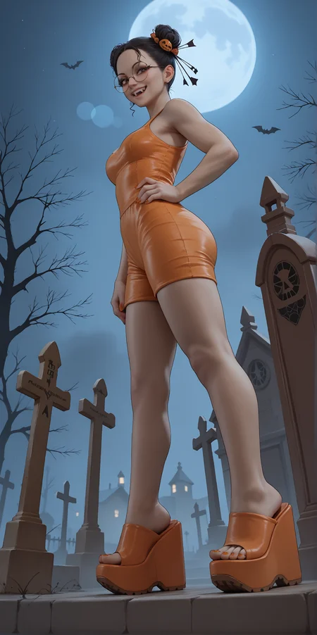 score_9, score_8_up, score_7_up, score_6_up, realistic,
wide angle, standing, low angle, foot focus, from side,
standing,
1girl, dark skin, goth, curly hair buns, round glasses, hair ornament, evil smile, fangs,
(mega wedge heels:1.2), platform footwear,
orange romper, skintight clothing,
halloween scene, fog, cemetery, night,
orange toenail polish,
embedding:zPDXLrl ,
embedding:zPDXL2 ,