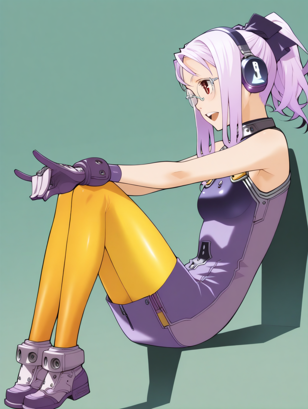 perfect quality,best quality,absolutely eye-catching,ambient occlusion,raytracing BREAK
1girl,<lora:SO4weruti IL v1.1:1>,SO4weruti,purple hair,ponytail,headphones,ribbon,glasses,red eyes,purple dress,sleeveless,gloves,yellow pantyhose,shoes,solo,, from side, looking away,face_focus,on_back,fox_shadow_puppet,arms_crossed,sitting_backwards,