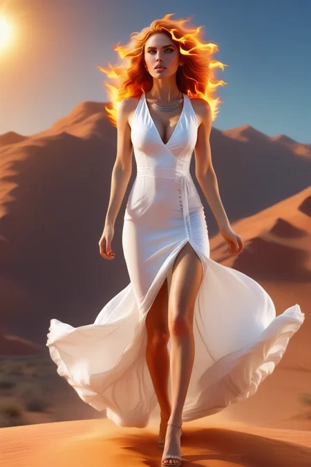 a beautiful woman wearing a white dress, desert, lips, long hair, sleeveless, solo, sundress, thighs, wind, octane render, highly detailed, volumetric, dramatic lighting, Feuerhaare, glowing hair, flaming hair, <lora:Feuerhaare_lora_sdxl:1>