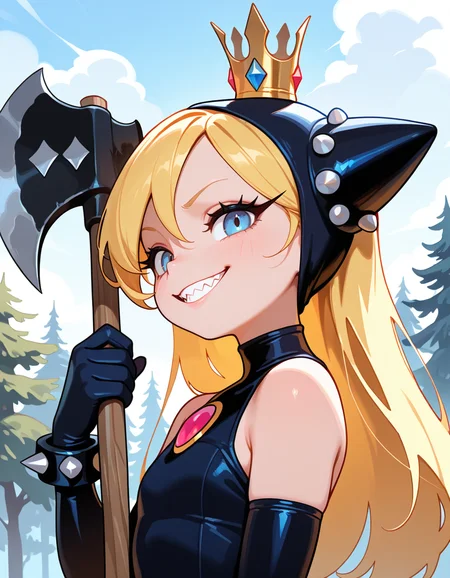 masterpiece, best quality, very aesthetic, absurdres,
outdoors,
upper body, axe, holding axe, 
parted lips, evil grin, sharp teeth, evil look, long eyelashes,
 <lora:WaPeach_v01_NAIXL:1>
W4P34ch,1girl,solo,long hair,blonde hair,crown,blue eyes,bare shoulders,dress,elbow gloves,spiked bracelet,