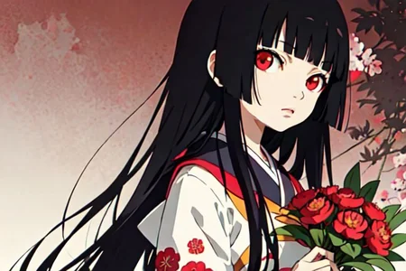 enma ai, hair down, hair black, bangs, eyes red, masterpiece, best quality, ultra-detailed, illustration, 1girl, solo, highres, photorealistic, ultra high res, (Original illustration composition), (fusion of limited color,Maximalism artstyle, kimono obi fashion, double exposure, background, illustration, Amazing, lily spider, night darkness, open one's mouth, fingers, bouquet flowers red, low twintails, (polychromatic peony:1.15), Movie poster,