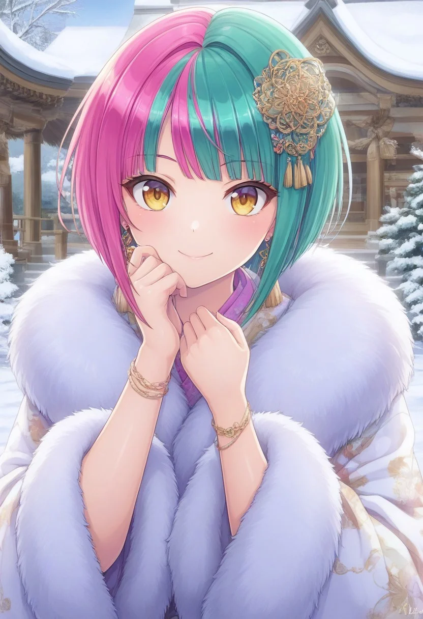 prefect lighting,very aesthetic,prefect hands,best quality,
intricate details,highly detailed background,(masterpiece:0.9),high quality,lustrous_skin,skindentation,(zPDXL3),
ultra delicate hair,
face_detail,
skin_detail,<lora:cfg_scale_boost>,
lustrous_skin,skindentation,
shiny skin, masterpiece,best quality,ultra-detailed, shorx1, 1girl, st_helly, multicolored hair, smile, bracelets, earrings, multicolored fur coat, hair ornament, snow, houses, temple, upper body, focus on face, looking at viewer, portrait