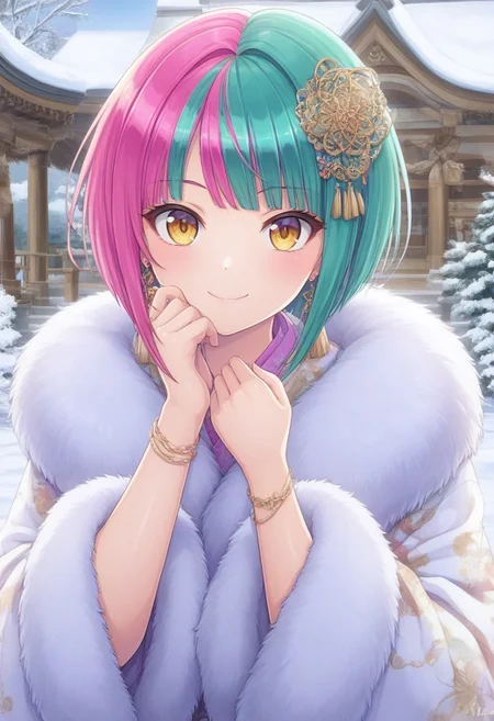 prefect lighting,very aesthetic,prefect hands,best quality,
intricate details,highly detailed background,(masterpiece:0.9),high quality,lustrous_skin,skindentation,(zPDXL3),
ultra delicate hair,
face_detail,
skin_detail,<lora:cfg_scale_boost>,
lustrous_skin,skindentation,
shiny skin, masterpiece,best quality,ultra-detailed, shorx1, 1girl, st_helly, multicolored hair, smile, bracelets, earrings, multicolored fur coat, hair ornament, snow, houses, temple, upper body, focus on face, looking at viewer, portrait