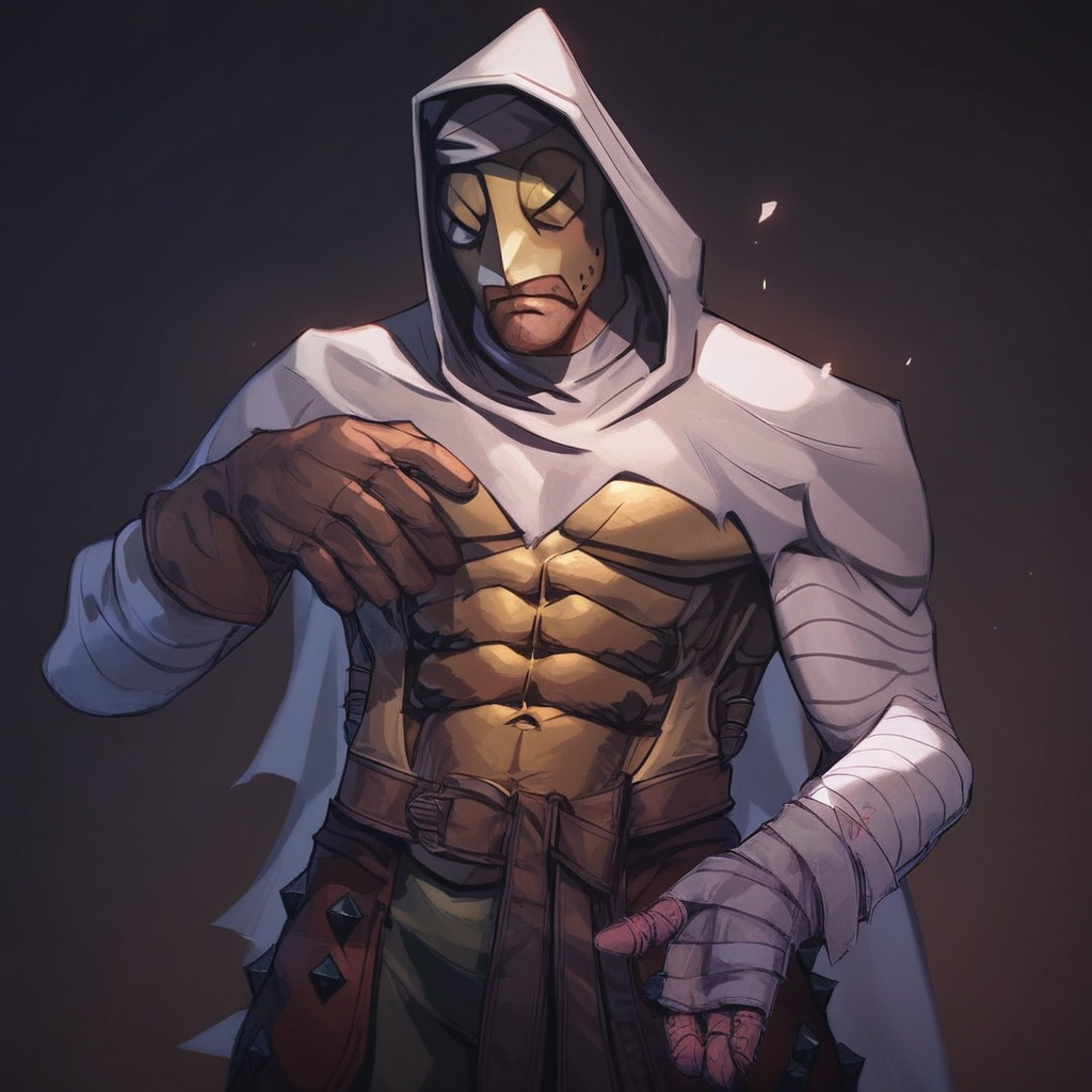 score_9, score_8_up, score_7_up, masterpiece, best quality, newest, absurdres, highres, 1boy, DDLEP-V1.0, armor, mask, metal mask, golden mask, gloves, brown gloves, bandages, hood, hood up, abs