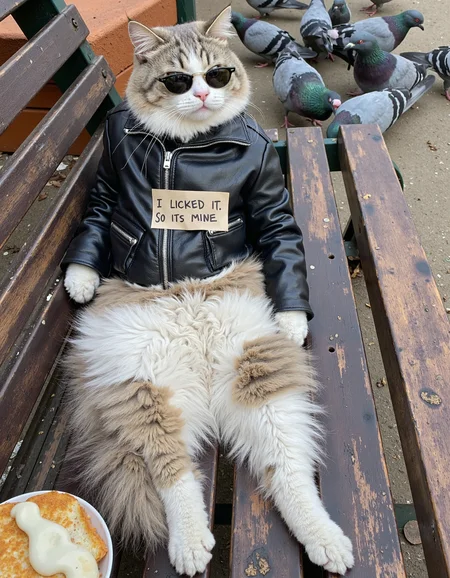 In a close-up shot from a high angle, a catâyes, a literal catâwearing a tiny leather jacket and sunglasses is lounging on a park bench with a sign taped to its furry chest that reads, âI LICKED IT, SO ITâS MINE.â The cat, clearly unbothered by human rules or hygiene standards, glares at the camera with a smug expression that says it owns everything it sees. A group of pigeons in the background side-eye the cat, while a nearby human, mid-bite of a sandwich, looks genuinely concerned about what might happen next. The cat's tail flicks casually as if daring anyone to come closer and challenge its ownership of the universe <lora:amateurphoto-v6-forcu:0.8>