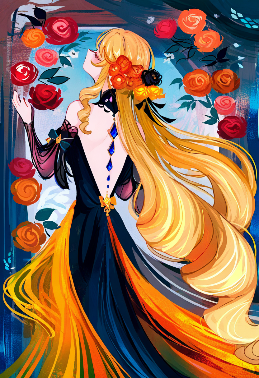 navia \(genshin impact\), 1girl, long hair, flower, blonde hair, dress, very long hair, closed eyes, red flower, hair ornament, backless outfit, black dress, backless dress, profile, solo, jewelry, hair flower <lora:cqtlatteXL_NBVP1_lokr_V6311P:0.95>