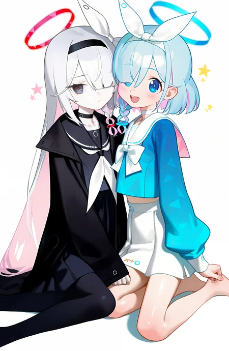 arona_\(blue_archive\), plana_\(blue_archive\), long_hair, looking_at_viewer, smile, open_mouth, short_hair, blue_eyes, simple_background, shirt, skirt, multiple_girls, long_sleeves, white_background, closed_mouth, 2girls, sitting, blue_hair, school_uniform, white_hair, pink_hair, braid, multicolored_hair, pantyhose, pleated_skirt, hairband, choker, barefoot, serafuku, black_skirt, sailor_collar, hair_over_one_eye, black_eyes, halo, coat, black_pantyhose, neckerchief, feet_out_of_frame, single_braid, black_choker, white_skirt, black_hairband, white_bow, colored_inner_hair, black_coat, black_sailor_collar, white_sailor_collar, black_serafuku, blue_halo, white_choker, white_neckerchief, red_pupils