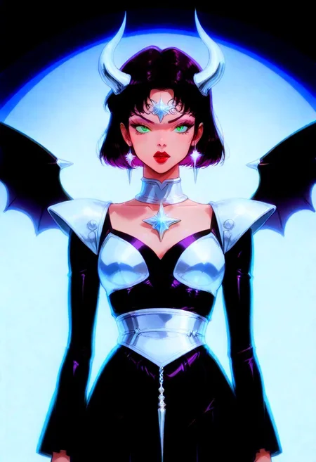 score_9, score_8_up, score_8, score_9, score_8_up, score_7_up, score_6_up, masterpiece, 4k, high quality, (best quality:1.1), (digitally drawn hyper-realistic artwork:1.3), (gothic woman:1.3), (retro anime style:1.4), (black hair with purple highlights:1.2), (large green eyes with dramatic eyeliner:1.2), (sharp, angular features:1.2), (dark red lipstick:1.1), (black velvet gown:1.3), (chrome adornments along the neckline and sleeves:1.3), (sparkling gemstones embedded in the gown:1.2), (devil's horns adorned with silver chains:1.3), (black wings extending from her back:1.3), (abstract geometric background with electric blue and purple hues:1.4), (optical illusions and 3D shapes creating surreal space:1.4), (visual art effects with shadow play and neon highlights:1.3), (chrome ornaments floating in the background:1.2), (textured surreal environment with metallic elements:1.3), (bold and experimental color combinations:1.2). g0thic, neon,, DnD_Grainyboyz, grainy, noise, Chrome_core_illu