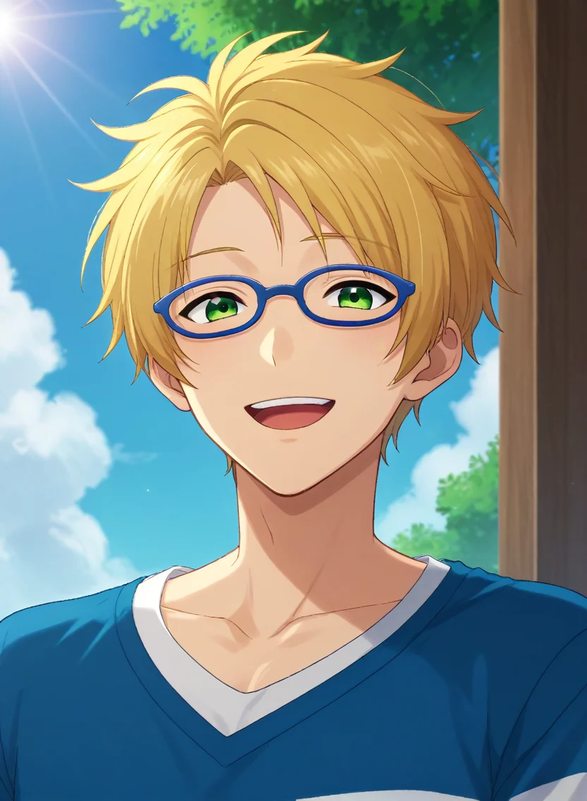 score_9, score_8_up, score_7_up, original style, source_anime, anime screencap, rating_safe, depth of field, BREAK,
1boy, solo, yaoi, male focus,
<lora:yuuki_makoto_pony:1> makoto_yuuki_pony, green eyes, blonde hair, short hair, parted hair, glasses, blue-framed eyewear, happy,
casual, looking at viewer, facing viewer, sky, day, light rays,
<lora:sdxl_lightning_8step_lora:1> <lora:xl_more_art-full_v1:1> <lora:Pony_DetailV2.0:1> <lora:Pony_QualityV4.0:1>