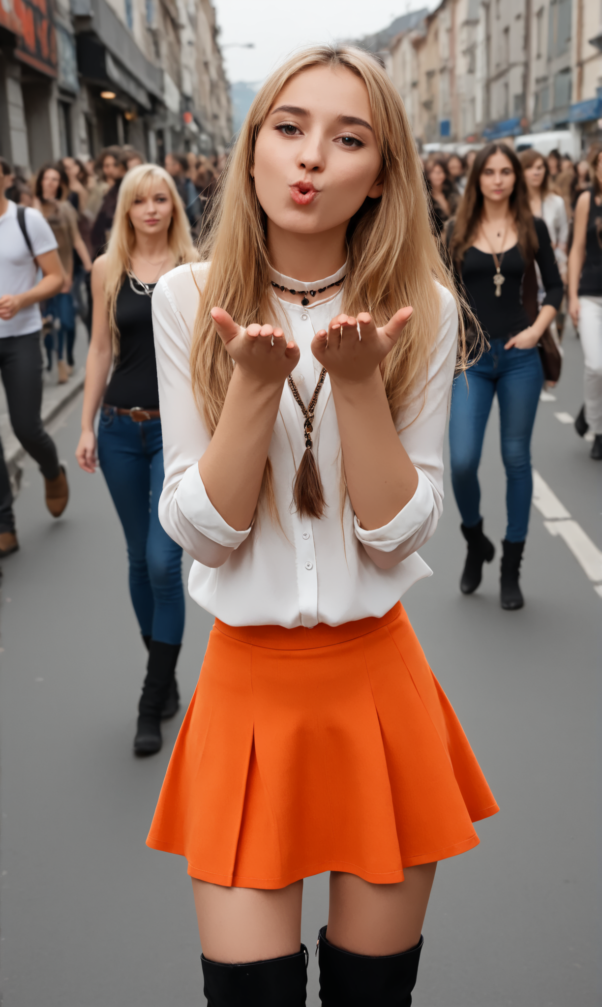 blaiki, wiboha, (slim 25 years old girl) in orange skirt and white blouse  is blowing an air kiss with both hands, standing in a crowded street. black (thigh high boots), necklace,  long blonde hair  
  <lora:AirKiss:1>