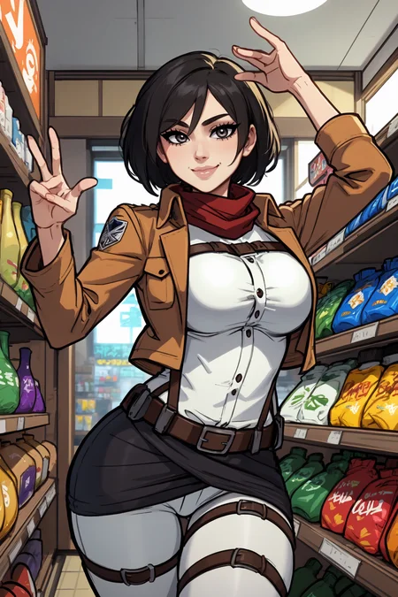 (1girl:1.3), (solo:1.2), curvy, (masterpiece:1.2), (best quality:1.2), (dynamic pose:1.4), (confident:1.2), smile
<lora:BlushySpicy [MockAi - v1.0]:0.8> blushyspicy, thick lineart, cute, pinup, vibrant colors, (large breasts:1.4), (cowboy shot:1.2), <lora:AOT - Mikasa Ackerman [h_madoka - v1.0]:0.7> hmmikasa, short hair, black eyes, scarf, emblem, belt, thigh strap, red scarf, white pants, brown jacket, long sleeves, (japanese convenience store:1.4), (inside:1.3), modern, (konbini), shelves, groceries,