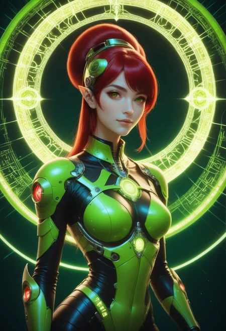 <lora:SDXLFaeTastic2400:0.8>, (((masterpiece))) , (((best quality))) , anime style, 2d, anime official wallpaper, Creepy Cyborg tiny (gorgeous 1girl, solo:1.3) , she is wearing [Elvish:Haitian:14] 1960s mod fashion, The 1960s mod fashion is Lime green, Finger smile, her hair is Red, Tiffed Mennonite Brown Buckles, Mushroomy Smartwatch, at Sunrise, Classical, Lonely, Dragoncore, side light, two colors, fertile, delicate, lush, very inspirational, complex artistic color composition