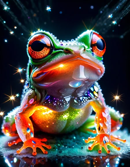 macro photo, a beautiful frog, glowing lights, beautiful magical sparkles, moon dust particulates, vibrant whimsical colors, made out of crystalz <lora:crystalz-lycoris:1>