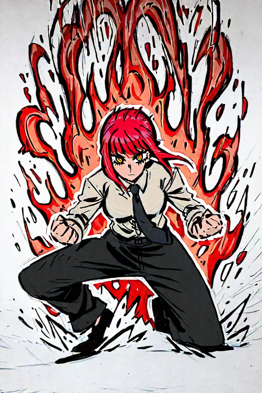 <lora:mak1ma0XL_Pony_v1:0.8> , mak1ma0, (makima:0.8), red hair, long hair, ringed eyes, white collared shirt,black necktie, black pants, 1girl, solo, alone, <lora:comic_drawing_style_illustriousXL:1>, comic_drawing_style, masterpiece, highres,red aura, demoniac aura, fighting stance