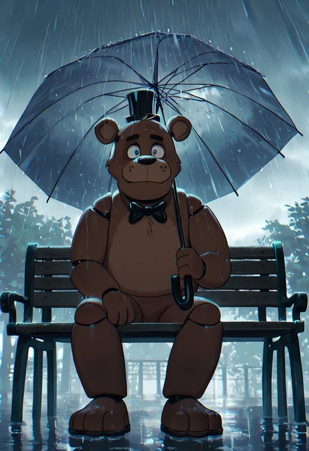 masterpiece, best quality, amazing quality, very aesthetic, absurdres, newest, detailed background,
cartoon, screencap,
freddyit, 1boy, black mini top hat, black bowtie, bear ears, joints, animatronic,
heavy rain, raining, grey sky, holding umbrella, sitting on park bench, raining