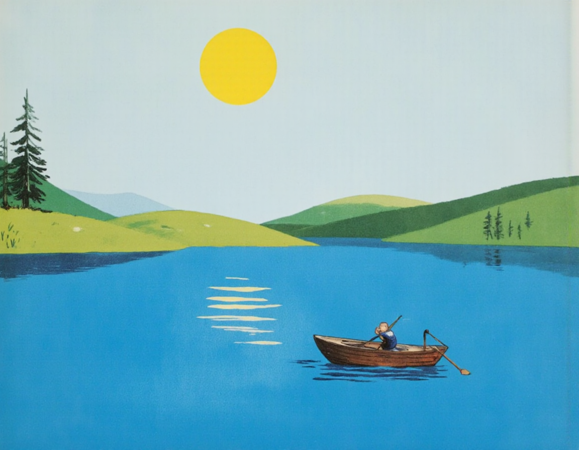 <lora:SUT_NEW:1>, A small boat sailing on a calm blue lake under a yellow sun, illustrated in the style of Vitaly Suteev â stylized nature, clean lines, joyful mood, flat color palette, reminiscent of mid-20th century Soviet picture books