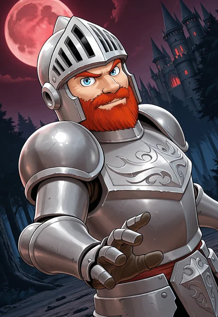 SirArthur, red hair, beard, mustache, blue eyes, armor, helmet, pauldrons, looking at viewer, smile, upper body, dynamic pose, night, dark forest, red moon, castle in the background, dutch angle, detailed background,