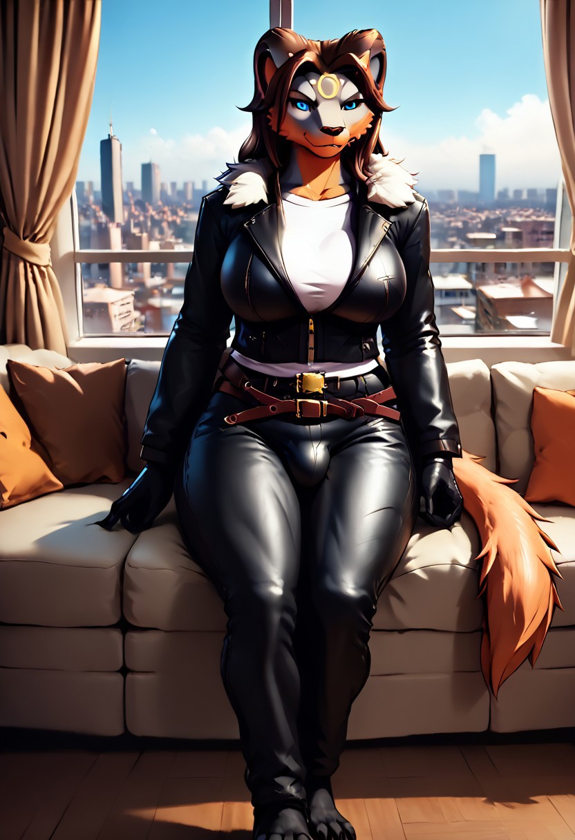 score_9, score_8_up, source_anime, source_furry, fullbody, 1futa, solo, mature female, curvy, (large breasts:1.5), (large bulge:1.1), SquallXLP, brown hair, long hair, bright blue eyes, black jacket, leather pants, gloves, fur trim, white shirt, belt, (anthro:1.5), Furry female, monster girl, Almudron, cute face, multicolored body, black body, grey body, orange body, yellow accents, tail, sitting, on couch, room, window, curtains, cityscape, blue sky