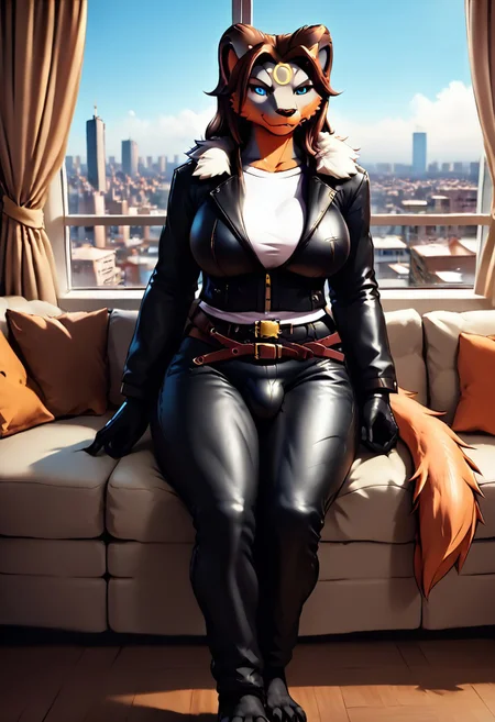score_9, score_8_up, source_anime, source_furry, fullbody, 1futa, solo, mature female, curvy, (large breasts:1.5), (large bulge:1.1), SquallXLP, brown hair, long hair, bright blue eyes, black jacket, leather pants, gloves, fur trim, white shirt, belt, (anthro:1.5), Furry female, monster girl, Almudron, cute face, multicolored body, black body, grey body, orange body, yellow accents, tail, sitting, on couch, room, window, curtains, cityscape, blue sky