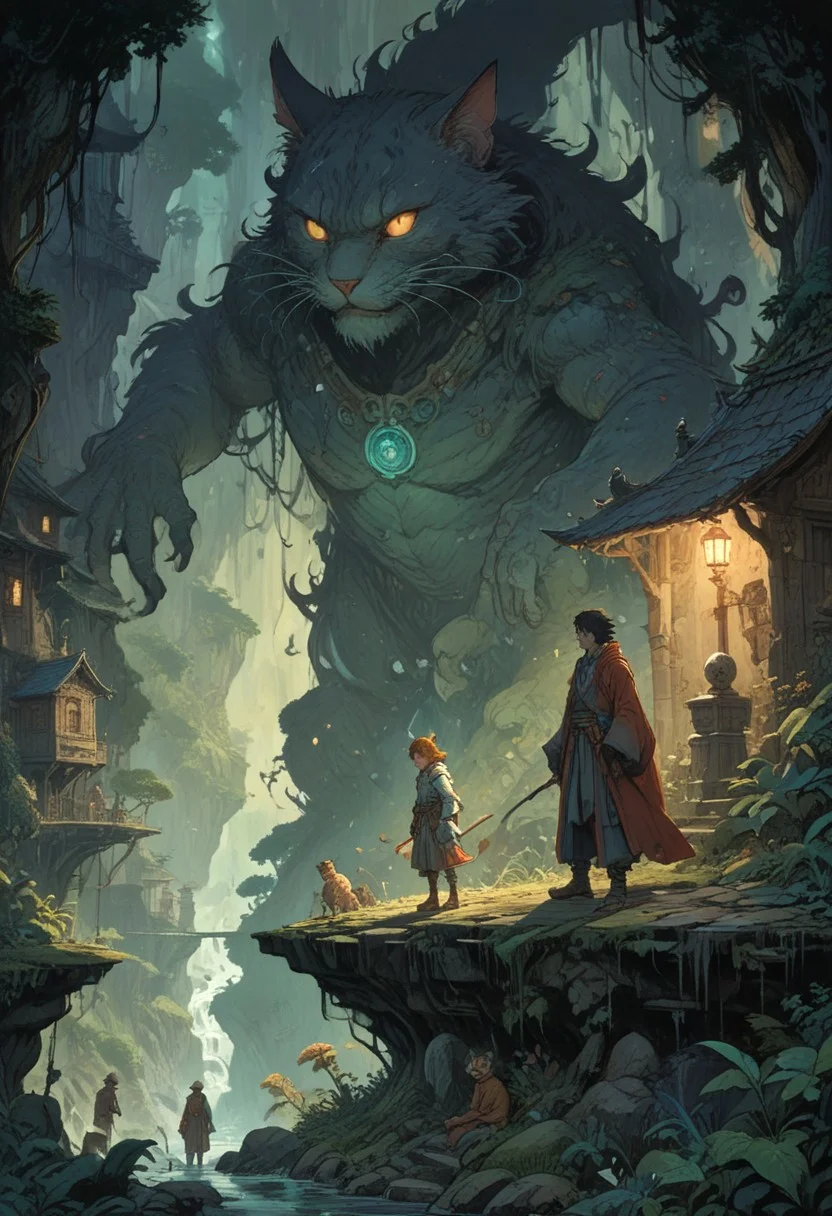 fantasy illustration by John Howe, James C. Christensen, Richard Hescox, Hayao Miyazaki, Lois van Baarle Jason A. Engle Gerald Brom Yoshitaka Amano Moebius, Victo Ngai Katsuya Terada, hyperdetailed, hyper quality, artstation winning award, bright highlights, deep shadows, cat