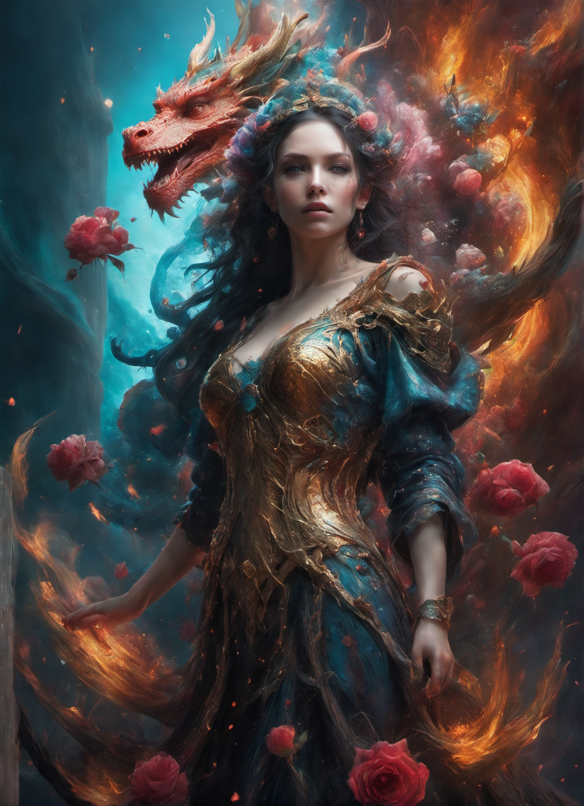 ((masterpiece)), (best quality), official art, ultra detailed,Dragon,apocalyptic,mythical,gargantuan, <lora:betmd:0.9>,in the style of betmd,magical,fantasy,roses,wise queen,cinematic,sorcerress casting a spell