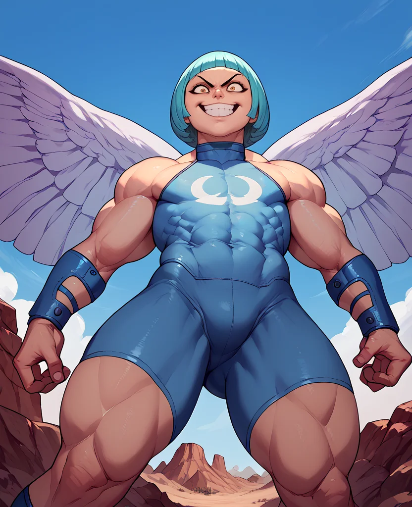 score_9,score_8_up,score_7_up,score_6_up,Munielxl,yellow eyes,aqua hair,blunt bangs,blue bodysuit,bike shorts,bare shoulders,blue bracers,desert,solo,<lora:Munielxl:0.9>,evil smile,blue attire,crazy smile,from below,wings,biceps,muscular,thunder,cloudy sky,