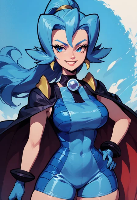 score_9, score_8_up, score_8, big breasts, (curvy), cute, eyelashes,
BREAK,
zzClair, solo, 1girl, long hair, blue hair, blue eyes, ponytail, blue bodysuit, black cape, blue gloves,
cowboy shot, smile, smug, hand on hip, wide hips,
BREAK,
zPDXL, Expressiveh p4st3lg0r3