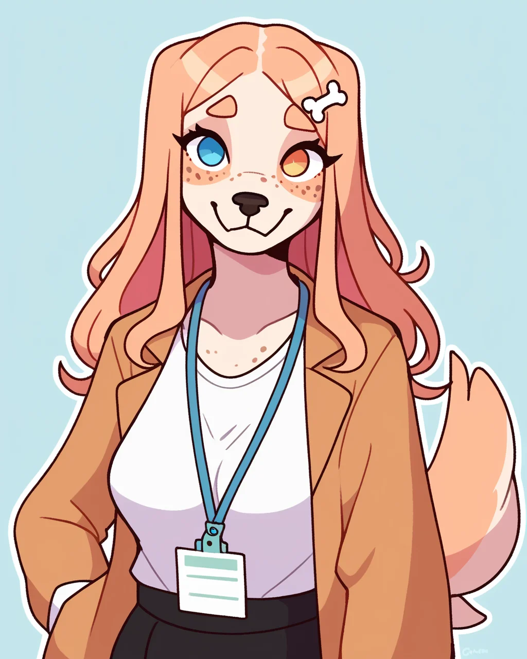 score_9_up, score_8_up, score_7_up, score_6_up, by remanedur, half-length portrait, medium breasts, long hair, dog, heterochromia, office lady, lanyard, skirt, shirt, white shirt, jacket, bone hair ornament, freckles, female, looking at viewer, tail, solo, happy, smile, three-quarter view, head tilt, simple background, white outline,<lora:Leah_Pines(AIM)_XL_v1:0.15> <lora:PDXL_artist_tags_v2_big:0.5> <lora:The-Minuscule-Task_PDXL_v1.0:0.6>  <lora:Clover_FoxyPew:0.5>