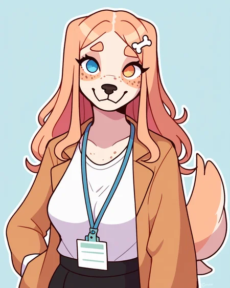 score_9_up, score_8_up, score_7_up, score_6_up, by remanedur, half-length portrait, medium breasts, long hair, dog, heterochromia, office lady, lanyard, skirt, shirt, white shirt, jacket, bone hair ornament, freckles, female, looking at viewer, tail, solo, happy, smile, three-quarter view, head tilt, simple background, white outline,<lora:Leah_Pines(AIM)_XL_v1:0.15> <lora:PDXL_artist_tags_v2_big:0.5> <lora:The-Minuscule-Task_PDXL_v1.0:0.6> <lora:Clover_FoxyPew:0.5>