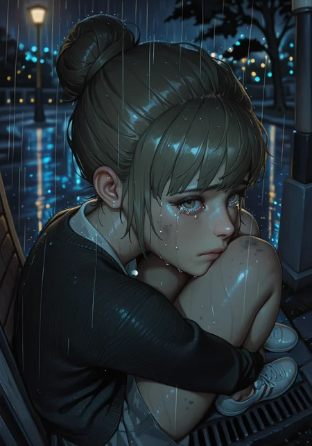 artist:moriimee,side view, kate, short hair, dirty/dark blonde hair, hazel eyes, slender, from above, hugging legs, crying, sad, puffy eyes, hair bun, bangs, (dark wool) cardigan, blouse, (grey) skirt, (white) sneakers, outdoors, park, night, ((foreshortening)), (fisheye effect) dramatic lighting, dark lighting, contrast lighting, solo, 1girl, (((depth of field, blurry background))), looking at viewer, raining, tree, lamp, windy, realistic, full body, embedding:IllustriousQual, artist:moriimee,side view, kate, short hair, dirty/dark blonde hair, hazel eyes, slender, from above, hugging legs, crying, sad, puffy eyes, hair bun, bangs, (dark wool) cardigan, blouse, (grey) skirt, (white) sneakers, outdoors, park, night, ((foreshortening)), (fisheye effect) dramatic lighting, dark lighting, contrast lighting, solo, 1girl, (((depth of field, blurry background))), looking at viewer, raining, tree, lamp, windy, realistic, full body, embedding:IllustriousQual,<lora:MoriiMee_Gothic_Niji_Style_Illustrious_r1.safetensors:1.0:1.0> <lora:kateLIS_ILXL.safetensors:0.8:0.8>