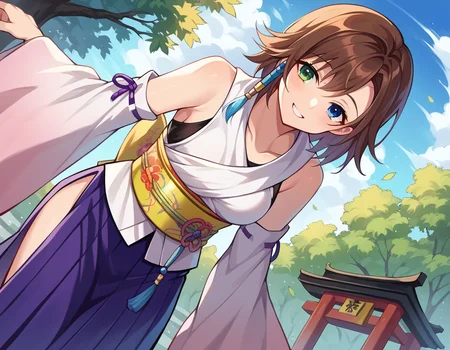 score_9, score_8_up, score_7_up, source_anime,
ffyuna, <lora:ff-yuna-ponyxl-lora-nochekaiser:1>,
yuna, blue eyes, brown hair, green eyes, hair ornament, heterochromia, short hair,
bare shoulders, detached sleeves, hakama, hakama skirt, japanese clothes, purple hakama, skirt, obi, sash, side slit, wide sleeves, white shirt,
outdoors, shrine, bent over, smile,
looking at viewer, cowboy shot, dutch angle,