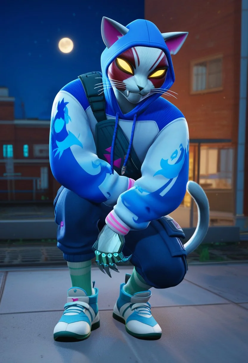 score_9, score_8_up, score_7_up, score_6_up, score_5_up, score_4_up, BREAK <lora:Lunas-FortniteStyle-SDXL-A1:1>,twink, skinny body, athletic, solo, 1boy,
Nyanja_Default, humanoid white cat, glowing yellow eyes, whiskers, sleek white fur with red details, feline ears, wearing a white and blue hoodie with a blue hood, dark blue cargo pants, white and blue sneakers, carrying a compact green sling bag across his chest, cybernetic hand with glowing blue highlights, long conjoined tails with pink stripes swaying behind him, mint socks,
crouching, arms on knees, looking at viewer, night time, against the backdrop of the glowing yellow full moon, cinematic shot, on top of a building, rooftop, city background,